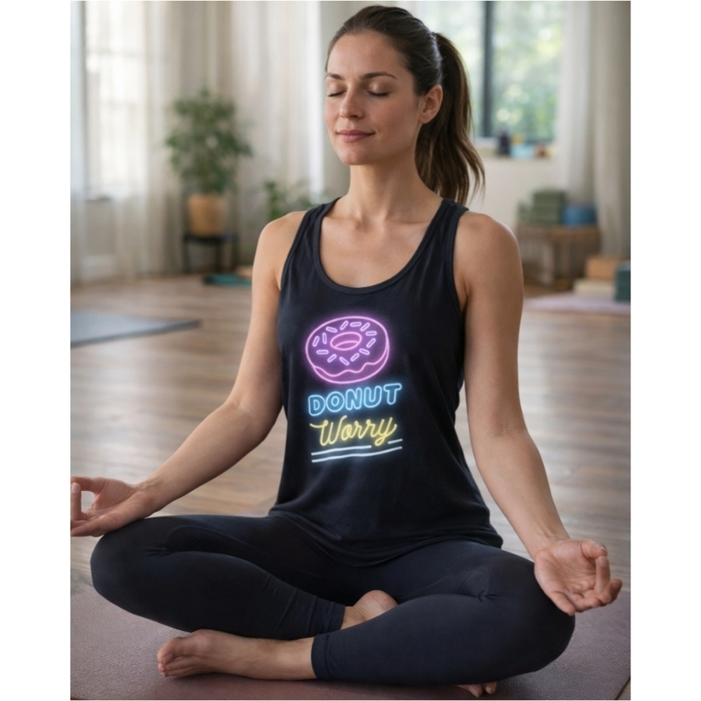 NWOT Neon DONUT WORRY Funny Graphic Womens Long Black Tank Top M